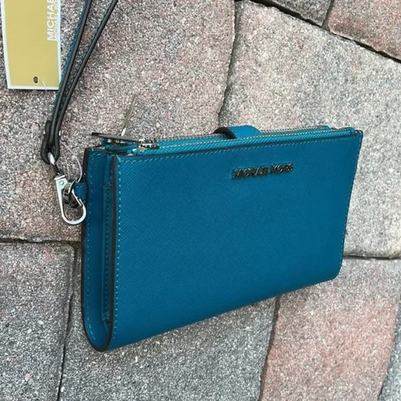 Michael Kors Large Double Zip Leather Wallet Wristlet Phone Case Lagoon - Picture 2 of 16